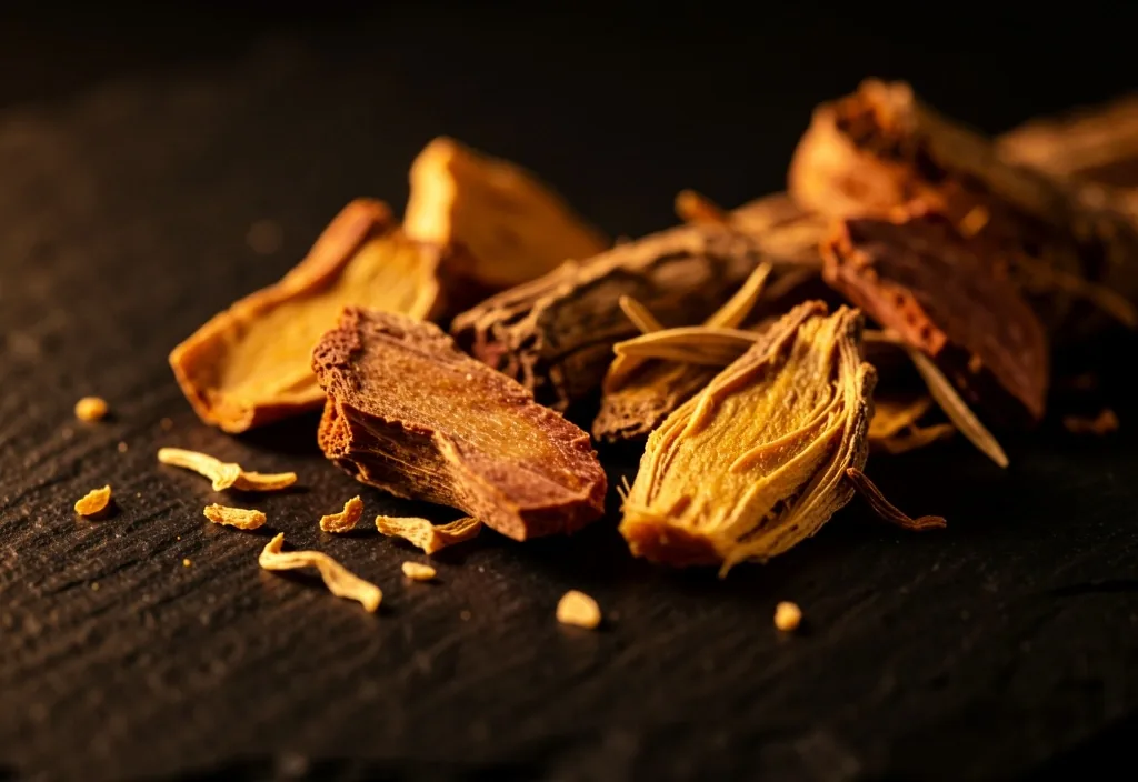 Dried rhodiola rosea root on dark stone