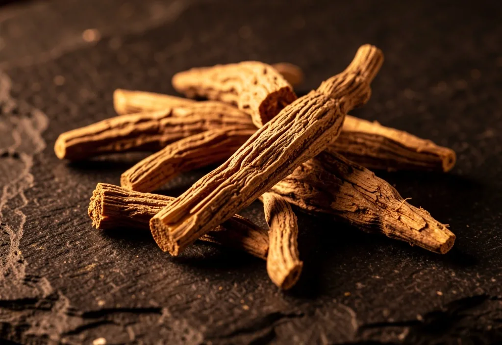 Dried ashwagandha root on dark stone