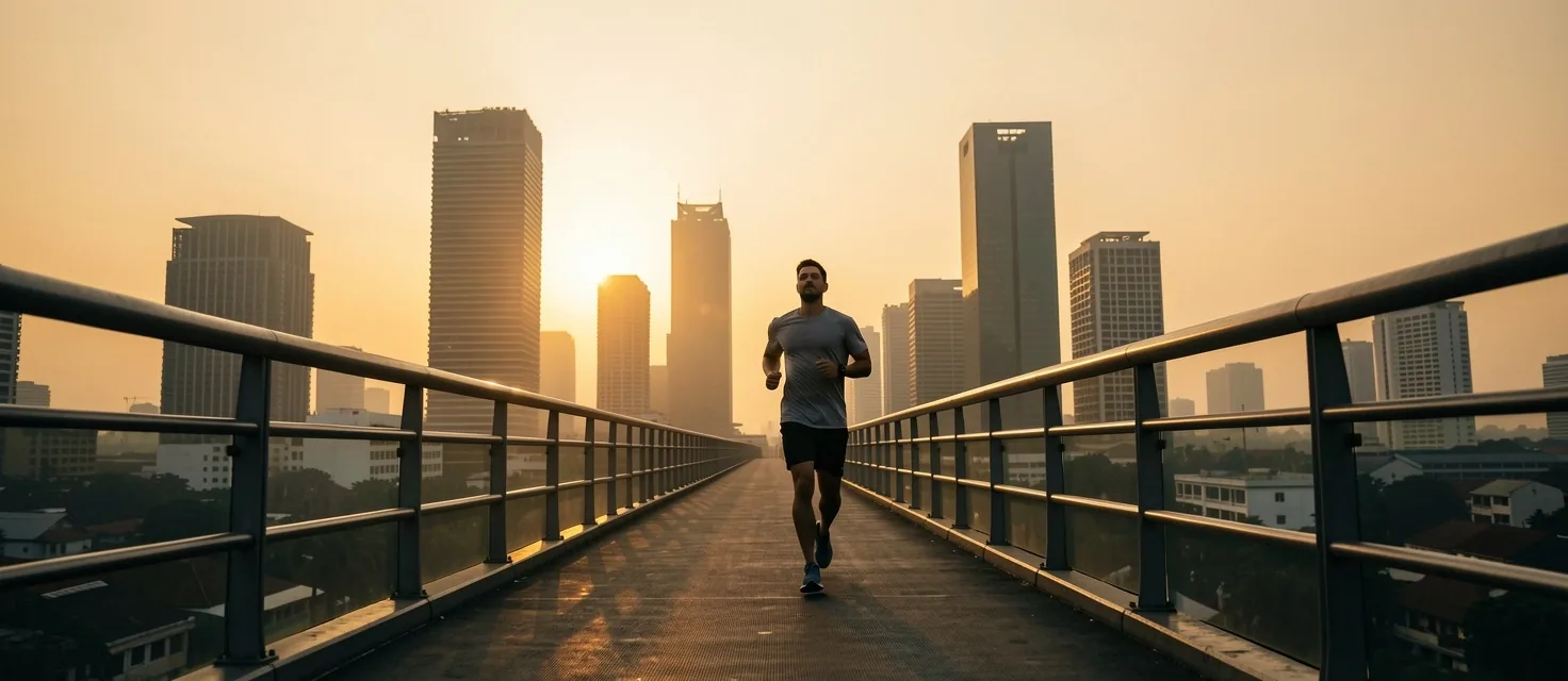 Man jogging in Jakarta at dawn