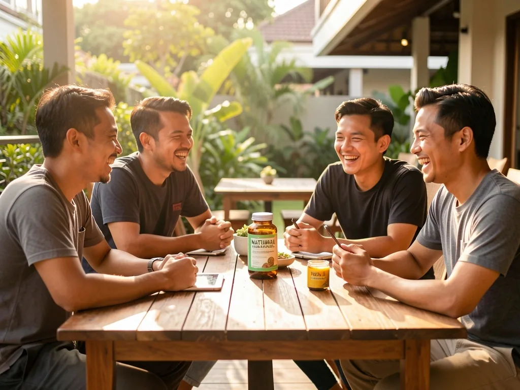 Men sharing wellness experiences at a Jakarta cafe