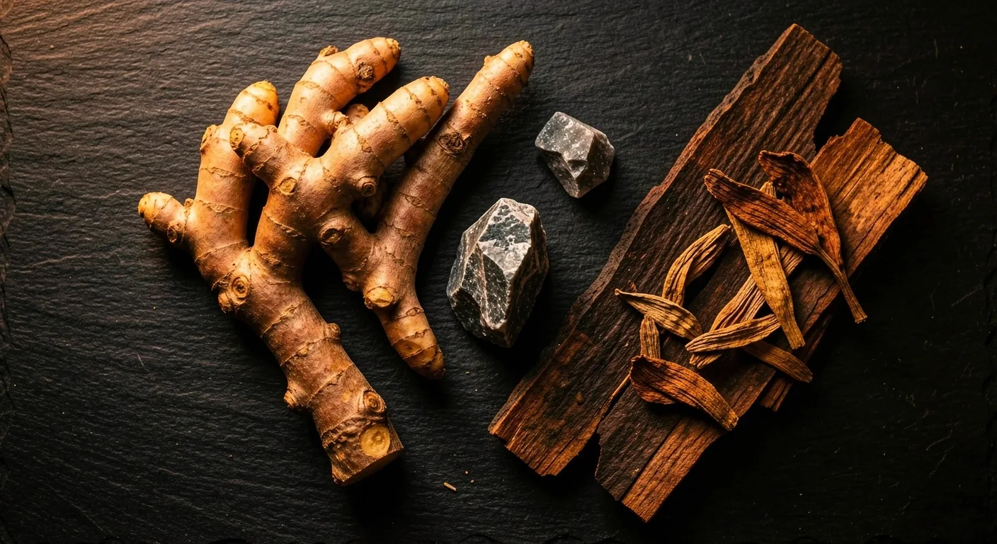 Natural botanical roots and mineral fragments on dark stone