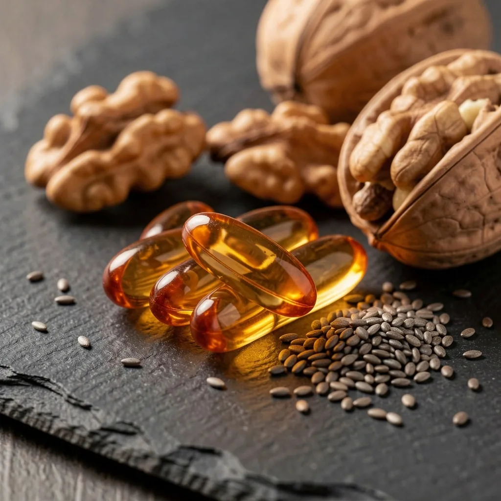 Omega-3 food sources and capsules on dark surface
