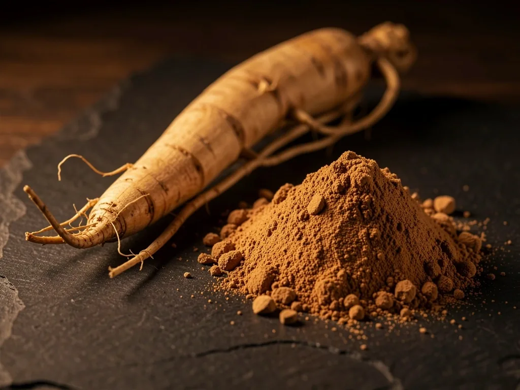 Dried ginseng root and maca powder on stone