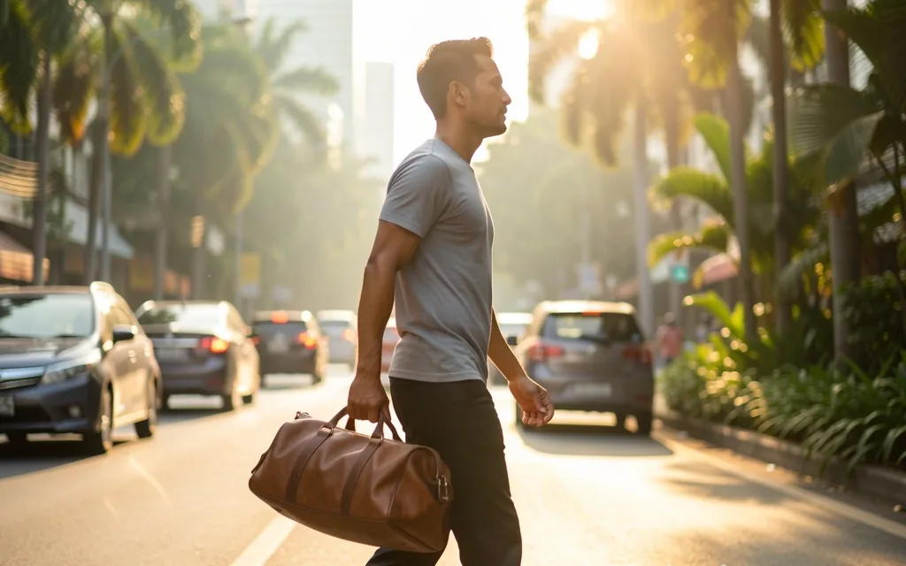 Man walking through Jakarta street in morning light