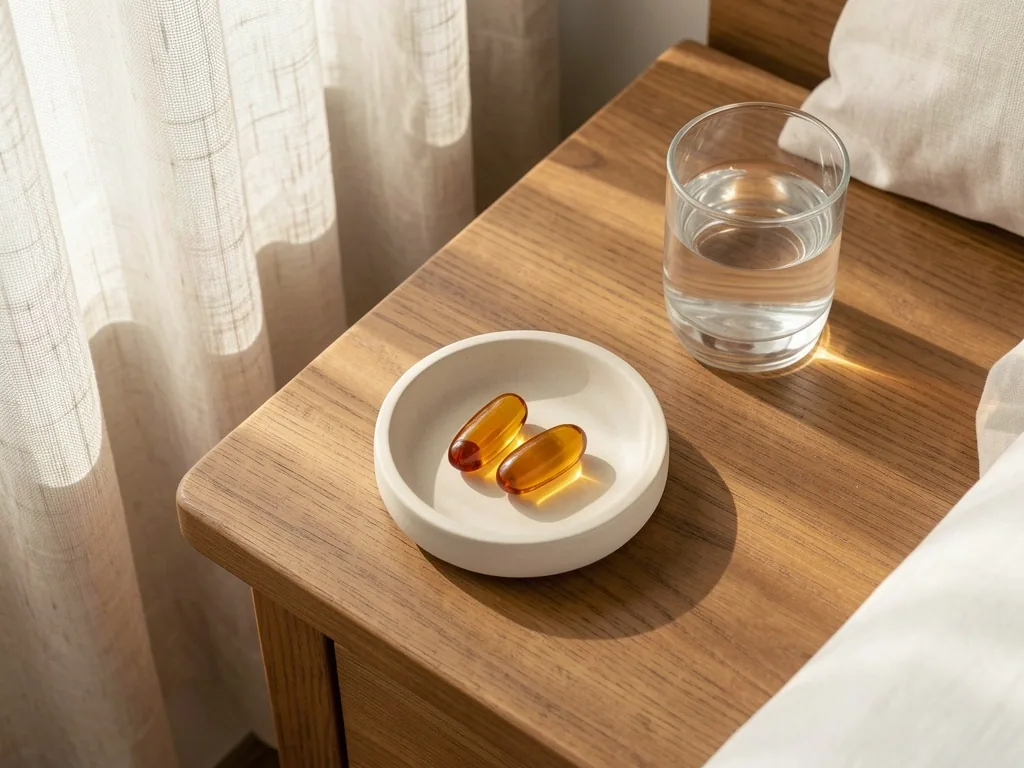 Morning supplement routine on nightstand