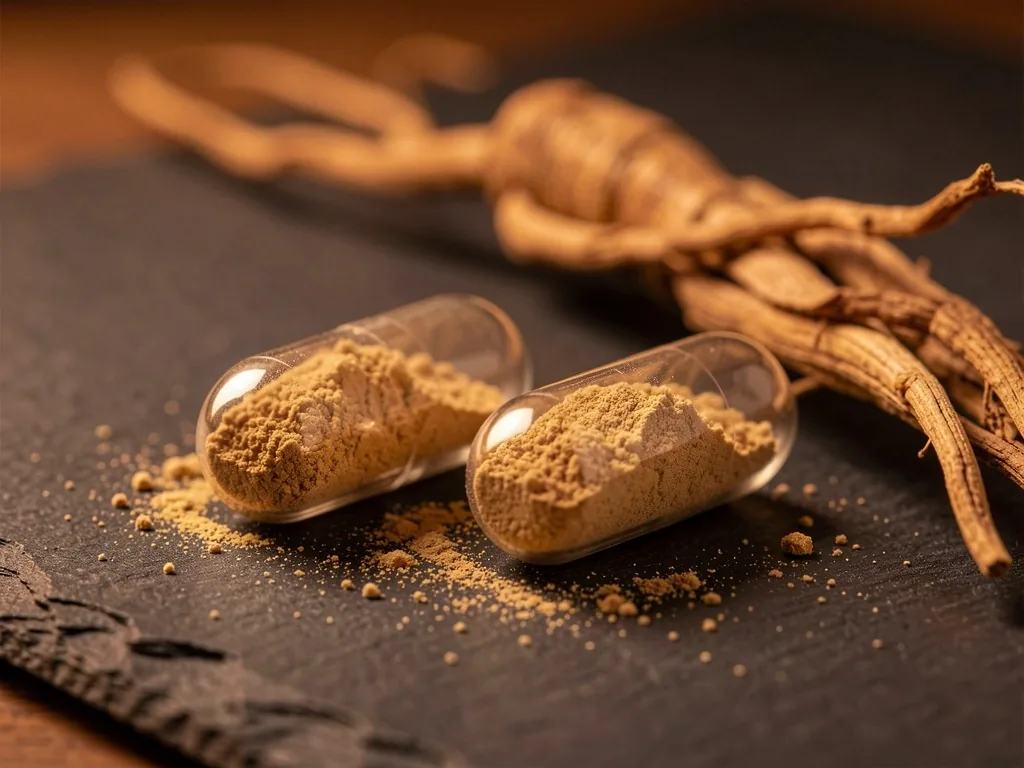 Natural capsules with botanical powder on slate