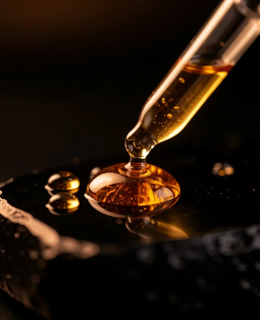 Botanical extract droplets on dark stone