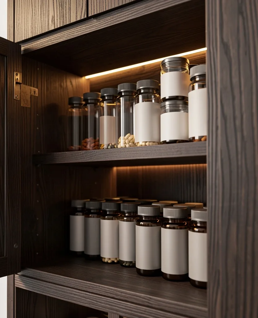 Supplement storage shelf with containers