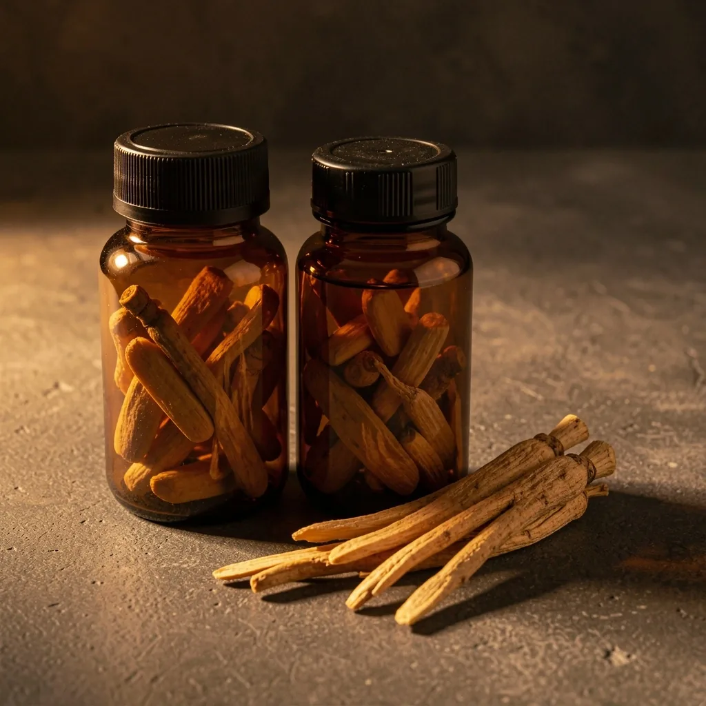 Amber supplement bottles and ginseng root on dark concrete