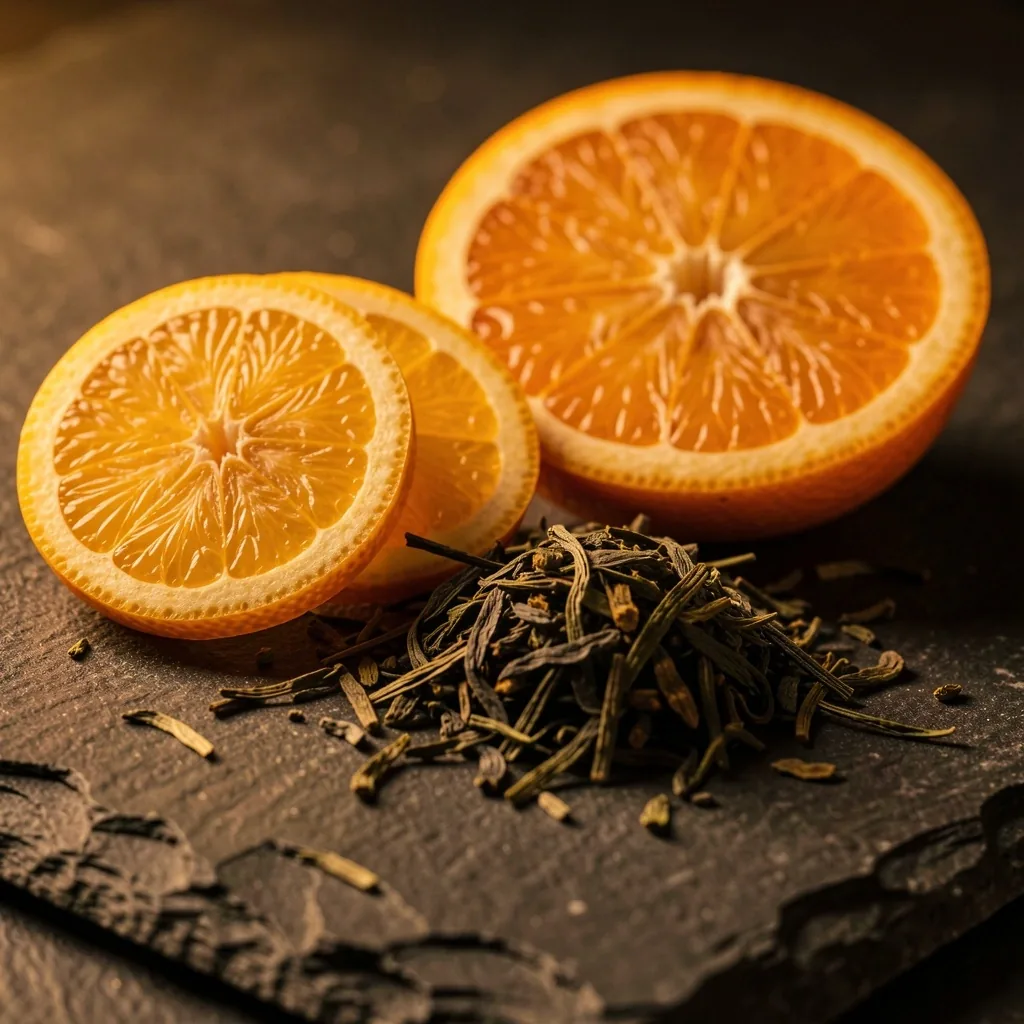 Citrus slices and green tea leaves on dark stone